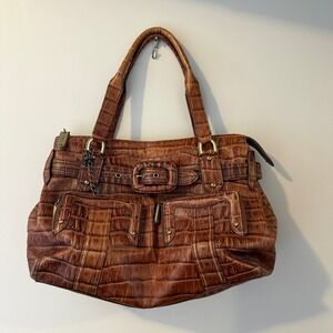 Cole Haan Y2K VINTAGE Croc Embossed‎ Leather Tote Bag Brown Shoulder Bag